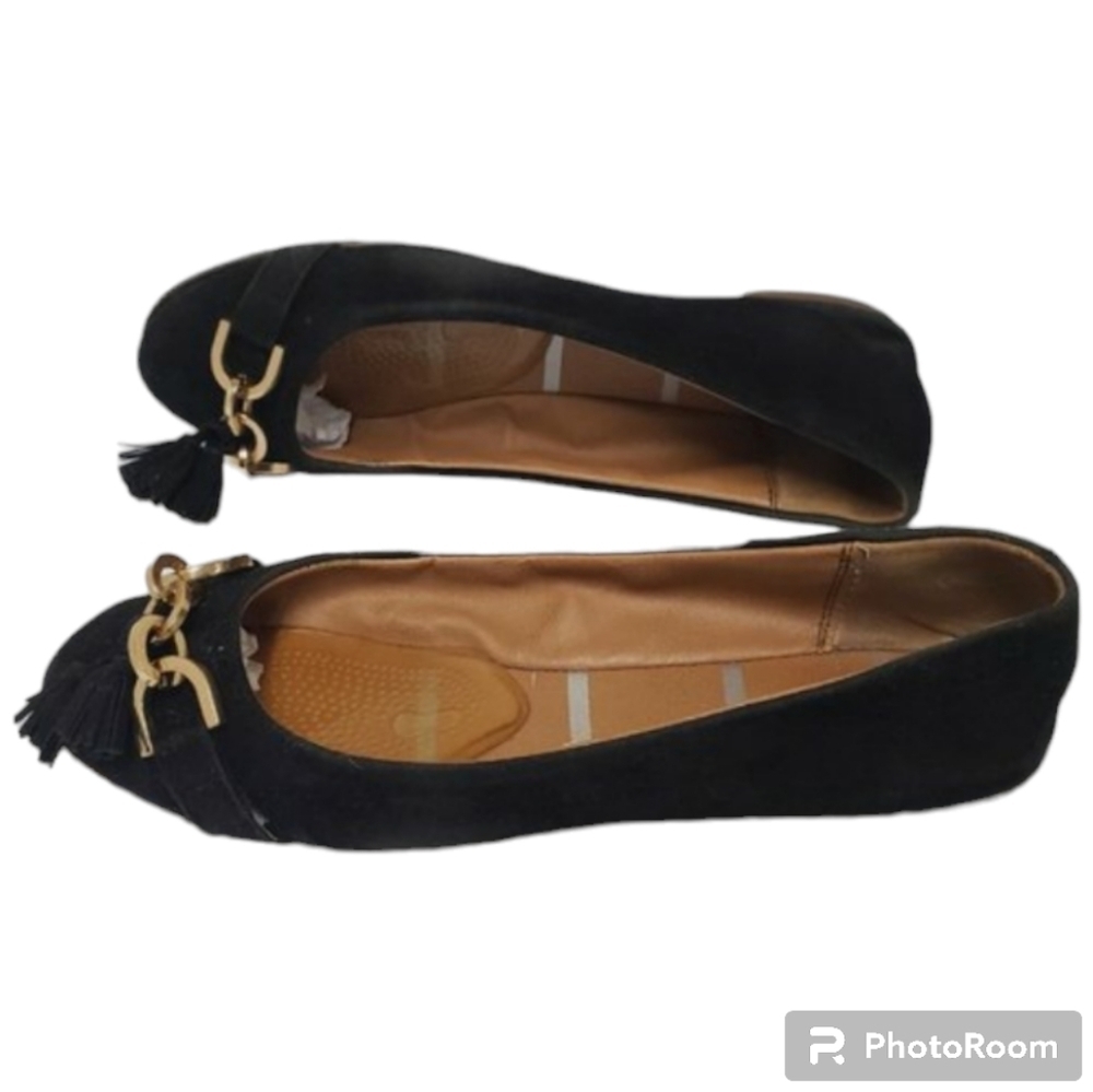 ELLE Belle Black Faux Suede sz 7 Women's Buckle Tassel Accent Ballet Flat